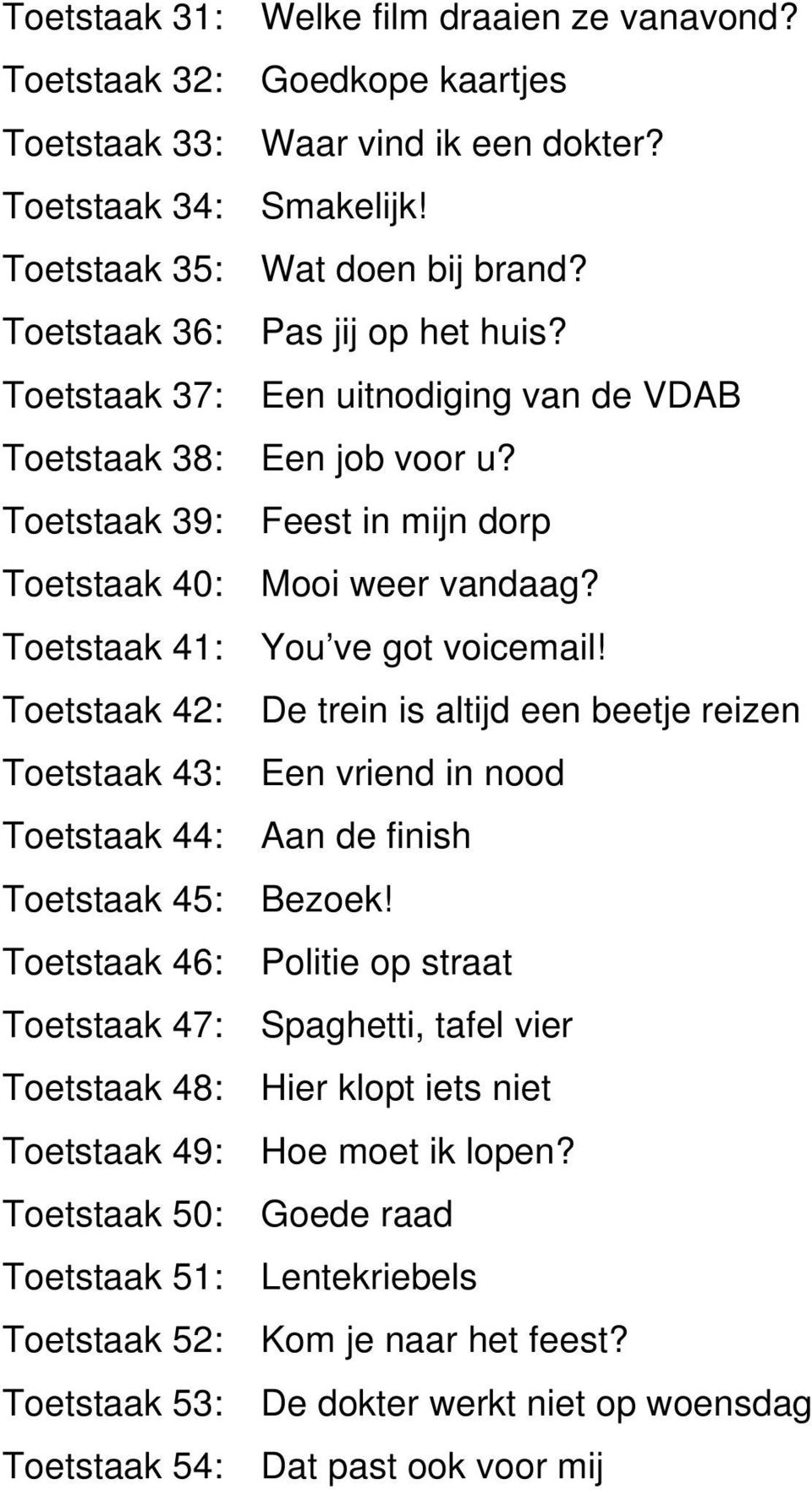 Toetstaak 41: You ve got voicemail! Toetstaak 42: De trein is altijd een beetje reizen Toetstaak 43: Een vriend in nood Toetstaak 44: Aan de finish Toetstaak 45: Bezoek!