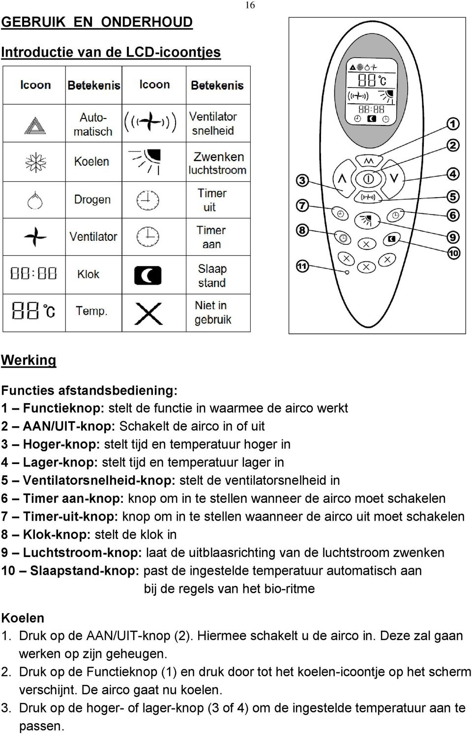 wanneer de airco moet schakelen 7 Timer-uit-knop: knop om in te stellen waanneer de airco uit moet schakelen 8 Klok-knop: stelt de klok in 9 Luchtstroom-knop: laat de uitblaasrichting van de