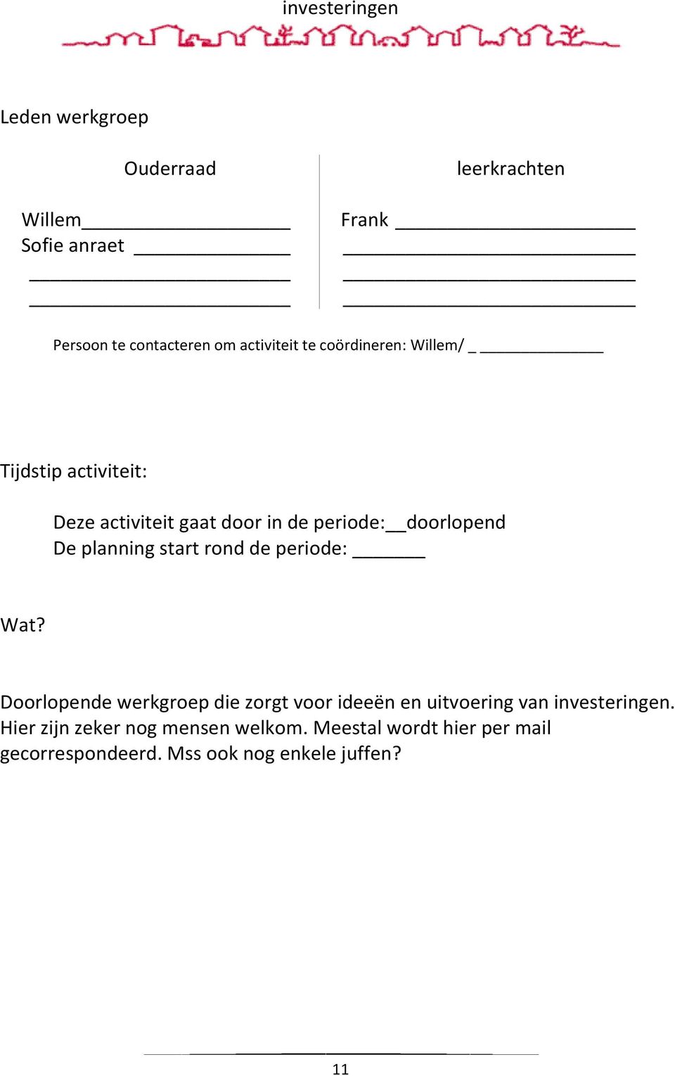 periode: Doorlopende werkgroep die zorgt voor ideeën en uitvoering van investeringen.