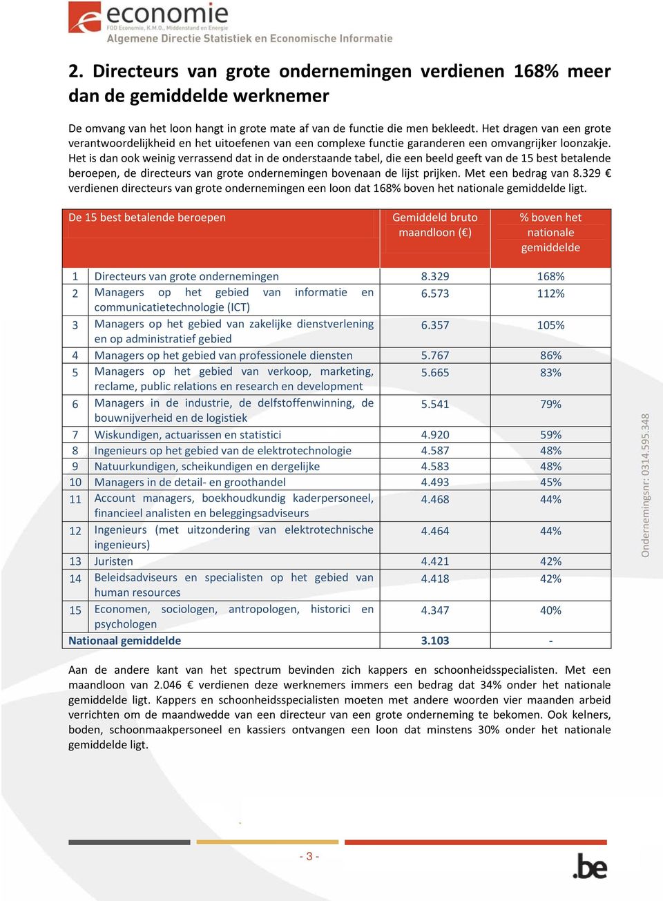 Het is dan ook weinig verrassend dat in de onderstaande tabel, die een beeld geeft van de 15 best betalende beroepen, de directeurs van grote ondernemingen bovenaan de lijst prijken.