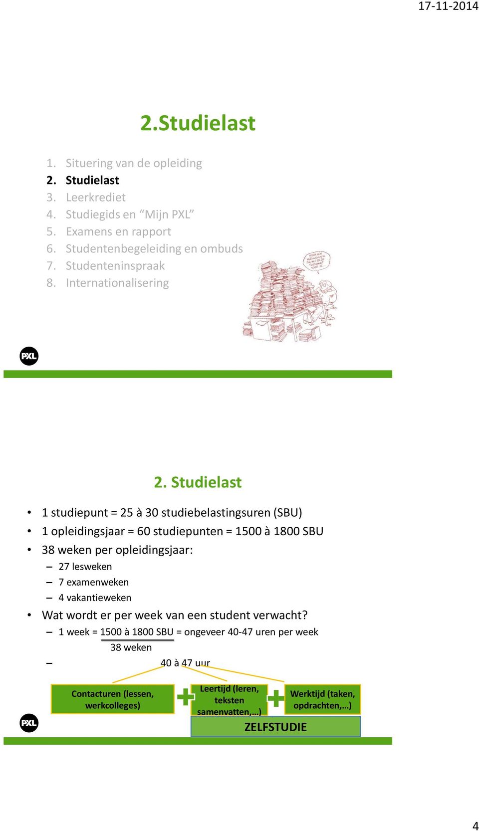 Studielast 1 studiepunt = 25 à 30 studiebelastingsuren (SBU) 1 opleidingsjaar = 60 studiepunten = 1500 à 1800 SBU 38 weken per opleidingsjaar: