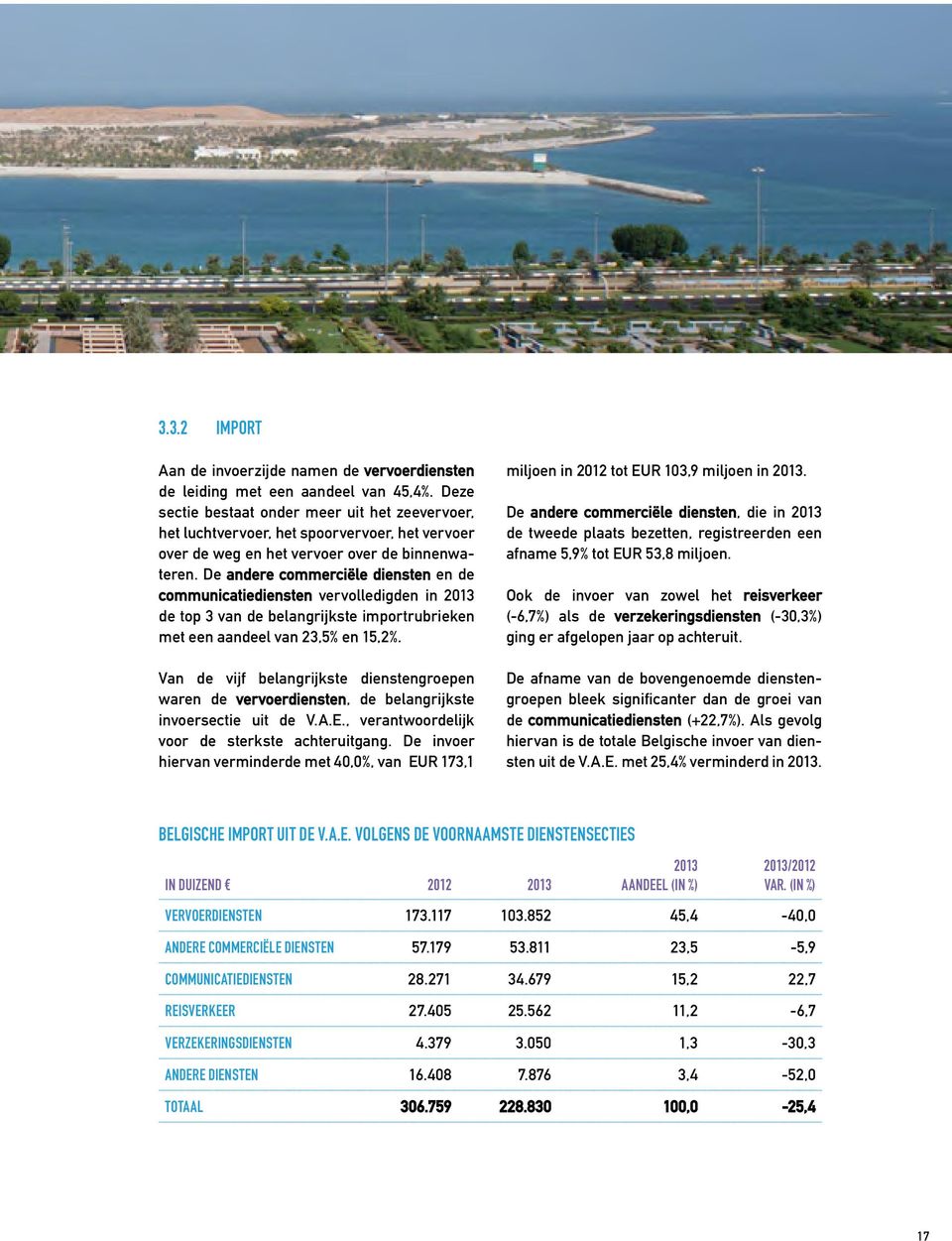 De andere commerciële diensten en de communicatiediensten vervolledigden in 2013 de top 3 van de belangrijkste importrubrieken met een aandeel van 23,5% en 15,2%.