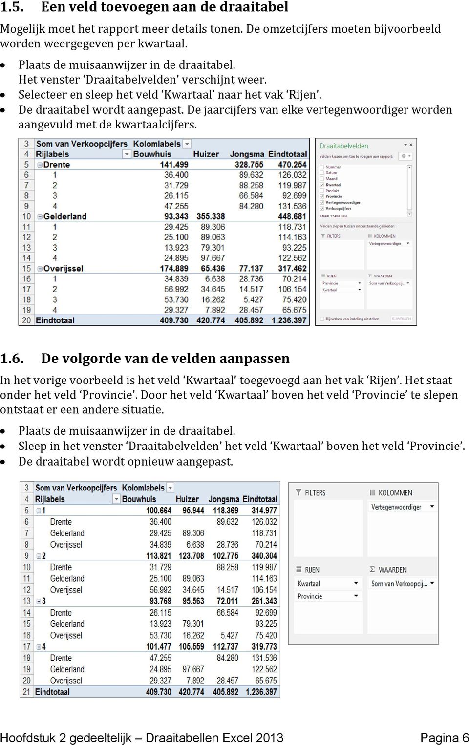 De jaarcijfers van elke vertegenwoordiger worden aangevuld met de kwartaalcijfers. 1.6. De volgorde van de velden aanpassen In het vorige voorbeeld is het veld Kwartaal toegevoegd aan het vak Rijen.