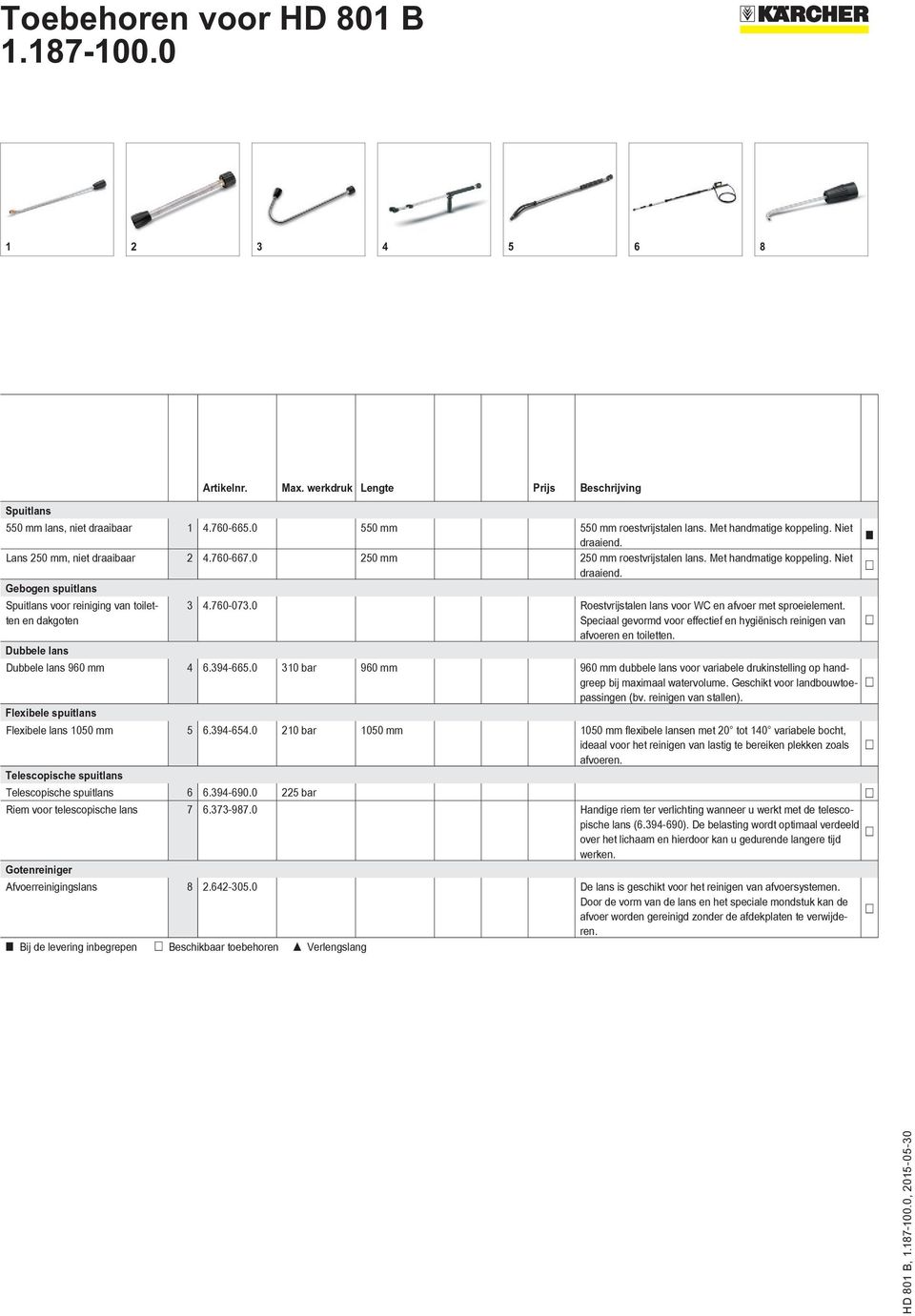 0 Roestvrijstalen lans voor WC en afvoer met sproeielement. Speciaal gevormd voor effectief en hygiënisch reinigen van afvoeren en toiletten. Dubbele lans Dubbele lans 960 mm 4 6.394-665.