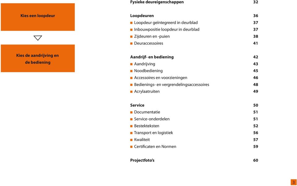 43 Noodbediening 45 Accessoires en voorzieningen 46 Bedienings- en vergrendelingsaccessoires 48 Acrylaatruiten 49 Service 50