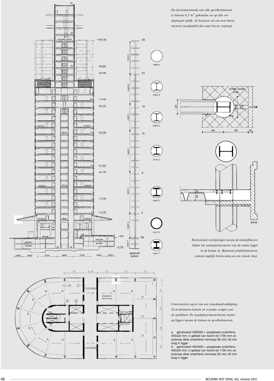 Constructieve opzet van een standaardverdieping. Twee betonnen kernen en wanden zorgen voor de stabiliteit. De staalplaat-betonvloeren rusten op liggers tussen de kernen en gevelkolommen. a.