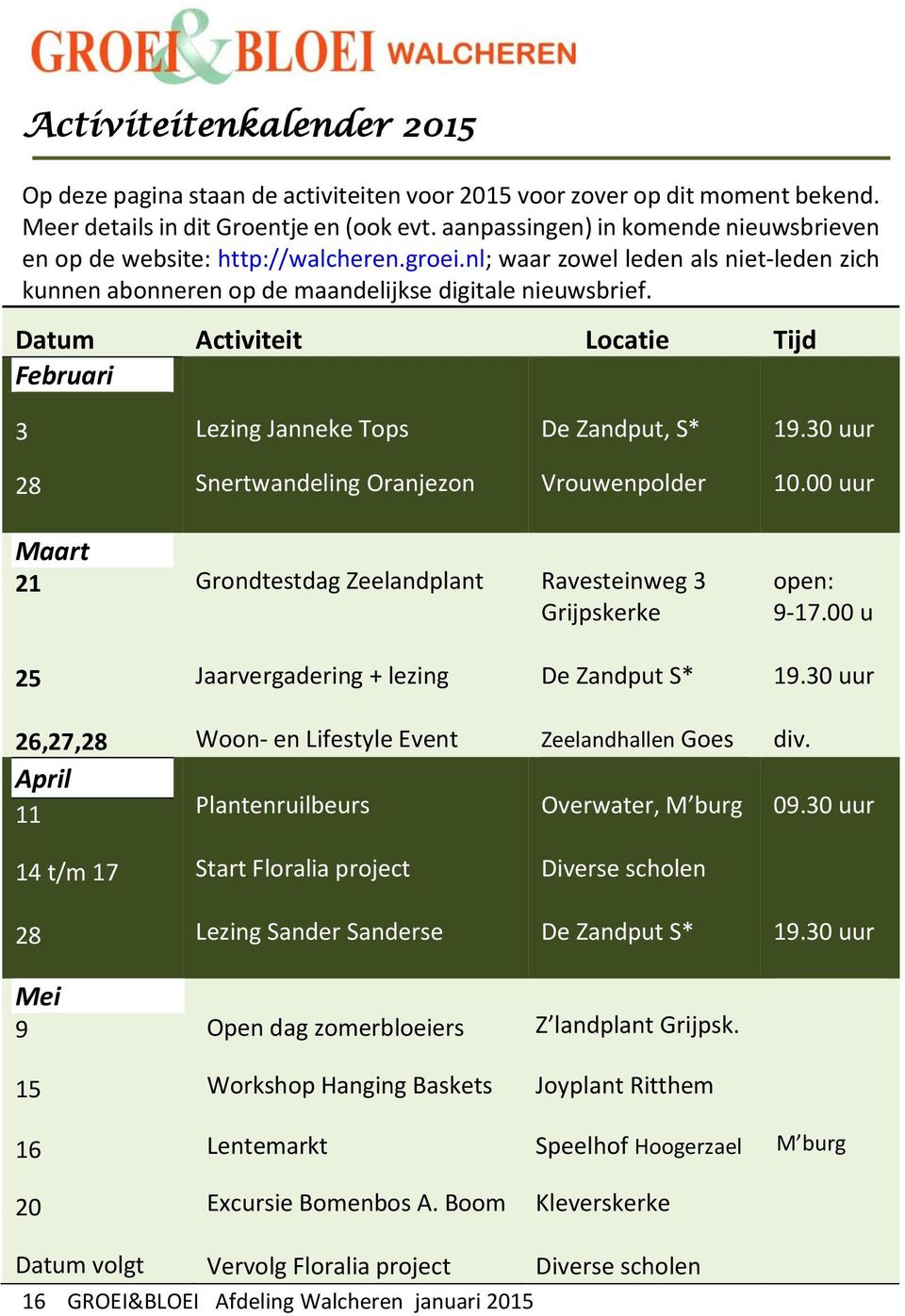 Datum Activiteit Locatie Tijd Februari 3 Lezing Janneke Tops De Zandput, S* 19.30 uur 28 Snertwandeling Oranjezon Vrouwenpolder 10.
