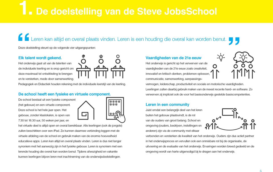 Het onderwijs gaat uit van de talenten van de individuele leerling en is erop gericht om deze maximaal tot ontwikkeling te brengen en te versterken, mede door samenwerking.