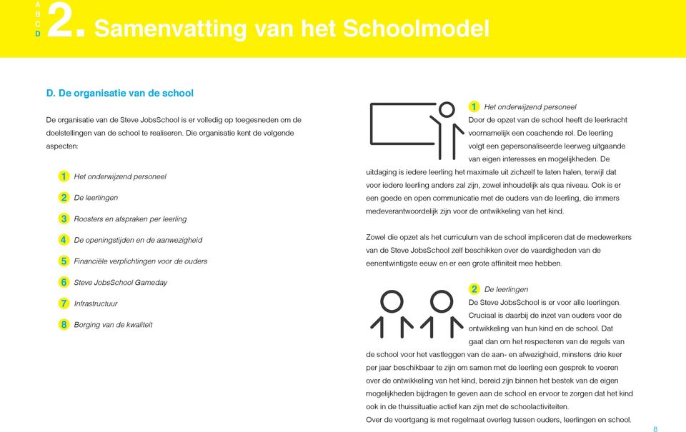 JobsSchool Gameday Infrastructuur orging van de kwaliteit Het onderwijzend personeel oor de opzet van de school heeft de leerkracht voornamelijk een coachende rol.