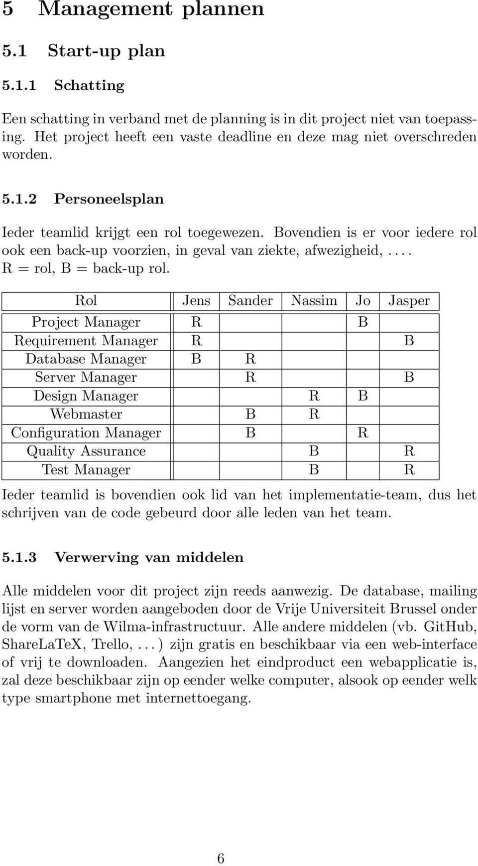 Bovendien is er voor iedere rol ook een back-up voorzien, in geval van ziekte, afwezigheid,.... R = rol, B = back-up rol.