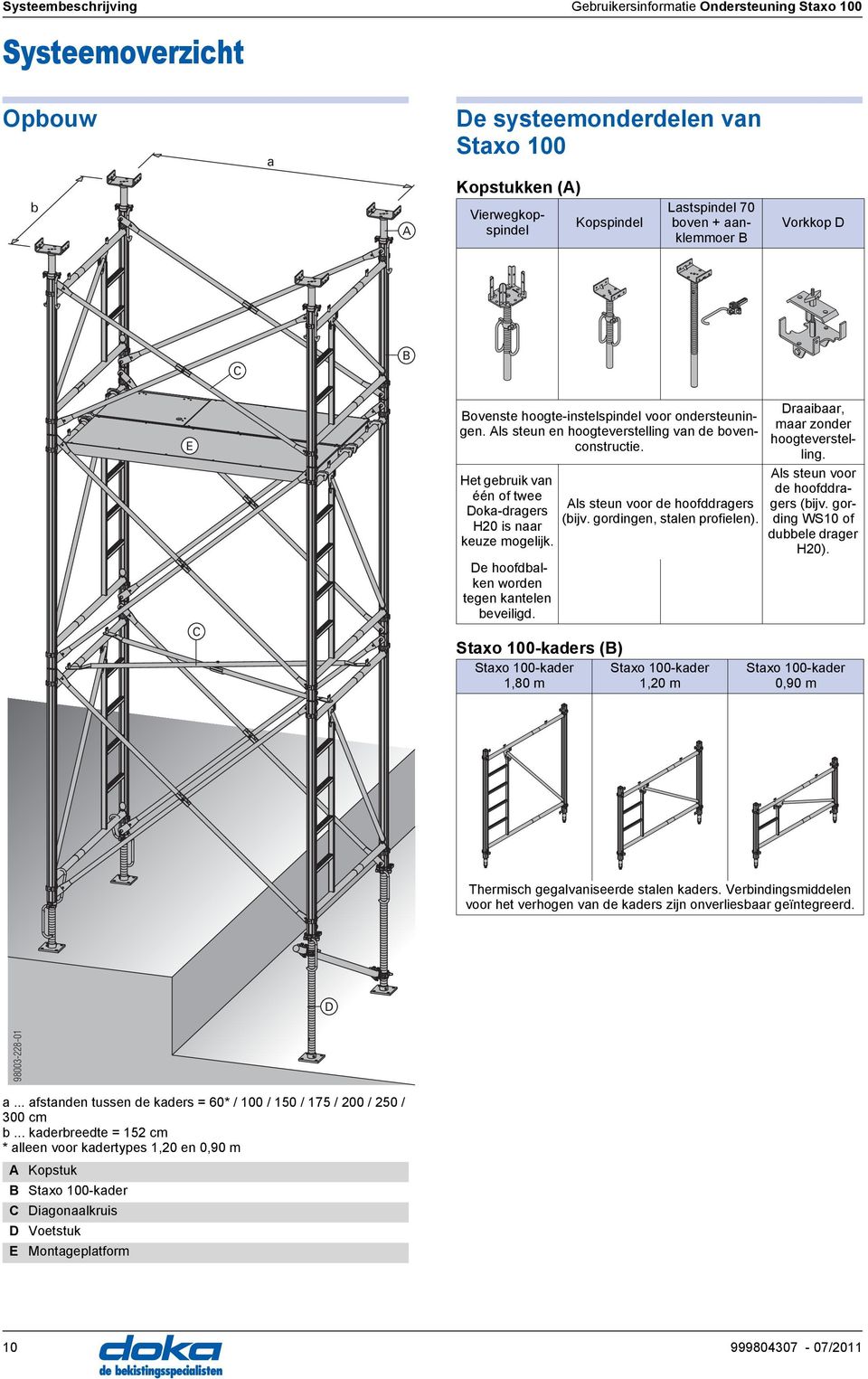 Het gebruik van één of twee Doka-dragers H20 is naar keuze mogelijk. De hoofdbalken worden tegen kantelen beveiligd. Staxo 100-kaders () Staxo 100-kader 1,80 m ls steun voor de hoofddragers (bijv.