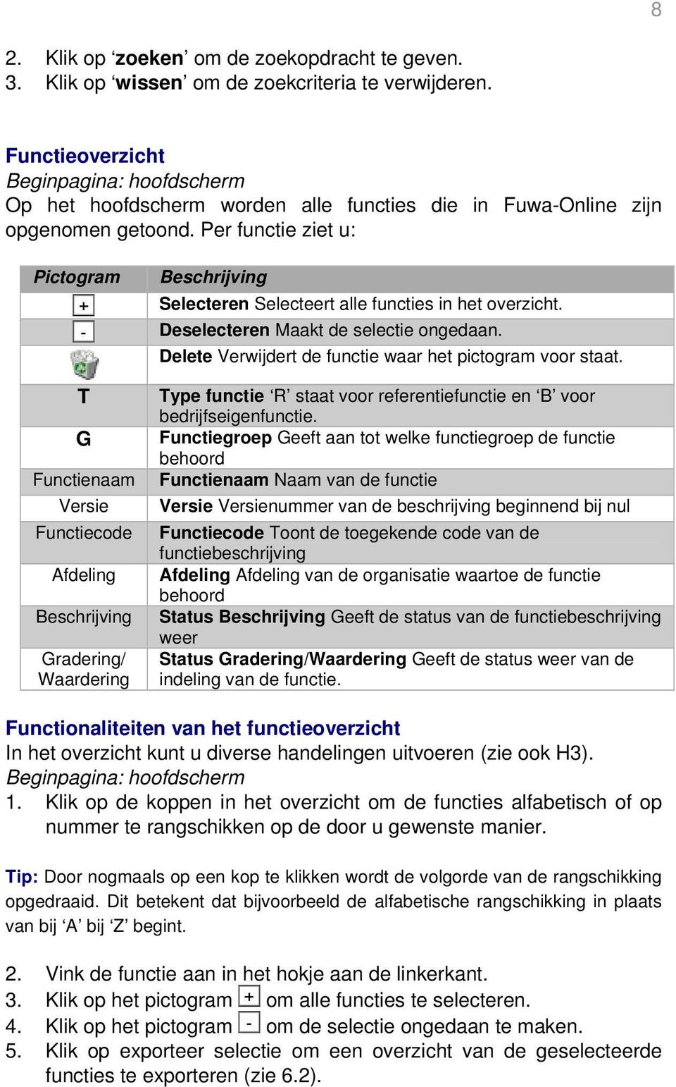 Per functie ziet u: Pictogram T G Functienaam Versie Functiecode Afdeling Beschrijving Gradering/ Waardering Beschrijving Selecteren Selecteert alle functies in het overzicht.