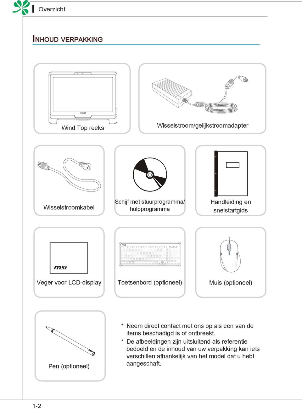 * Neem direct contact met ons op als een van de items beschadigd is of ontbreekt.