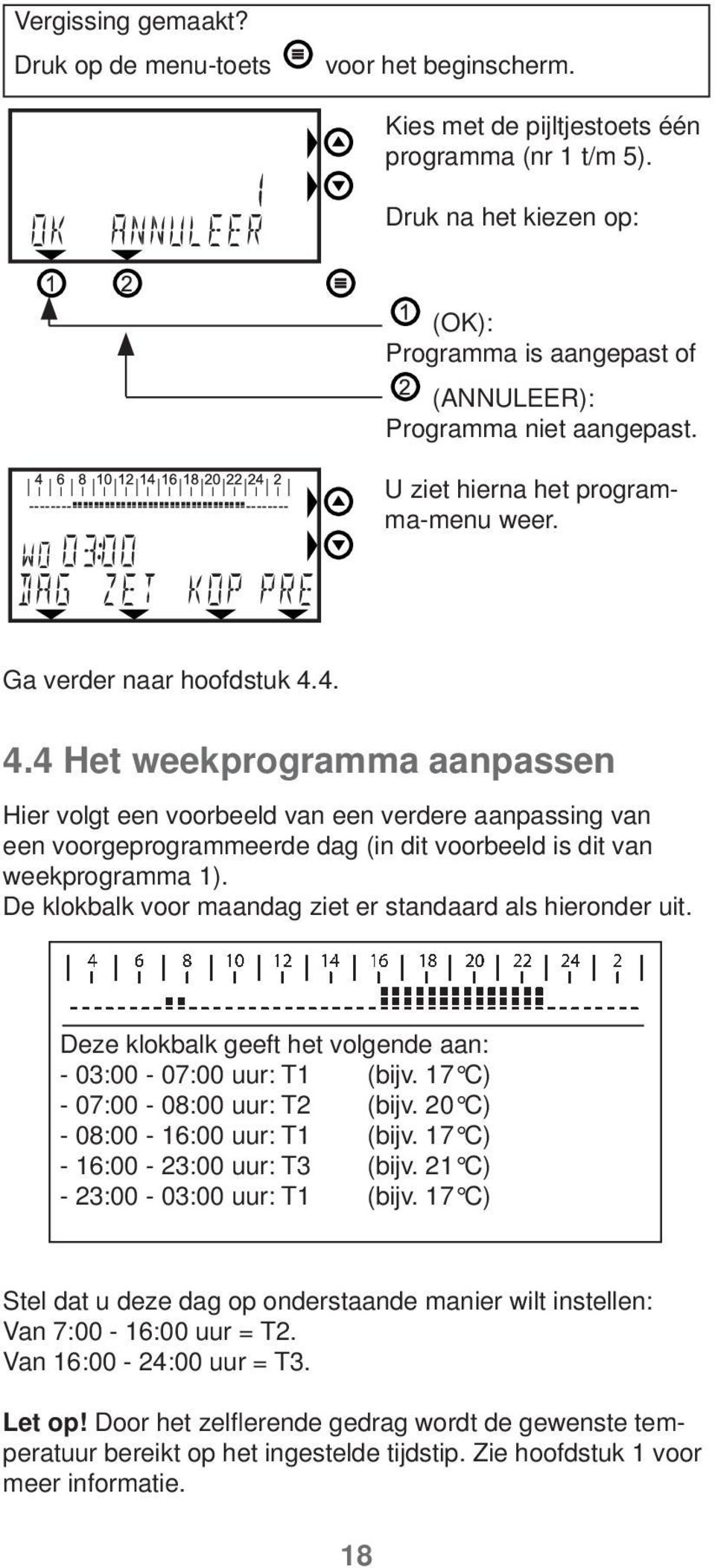 4. 4.4 Het weekprogramma aanpassen Hier volgt een voorbeeld van een verdere aanpassing van een voorgeprogrammeerde dag (in dit voorbeeld is dit van weekprogramma 1).