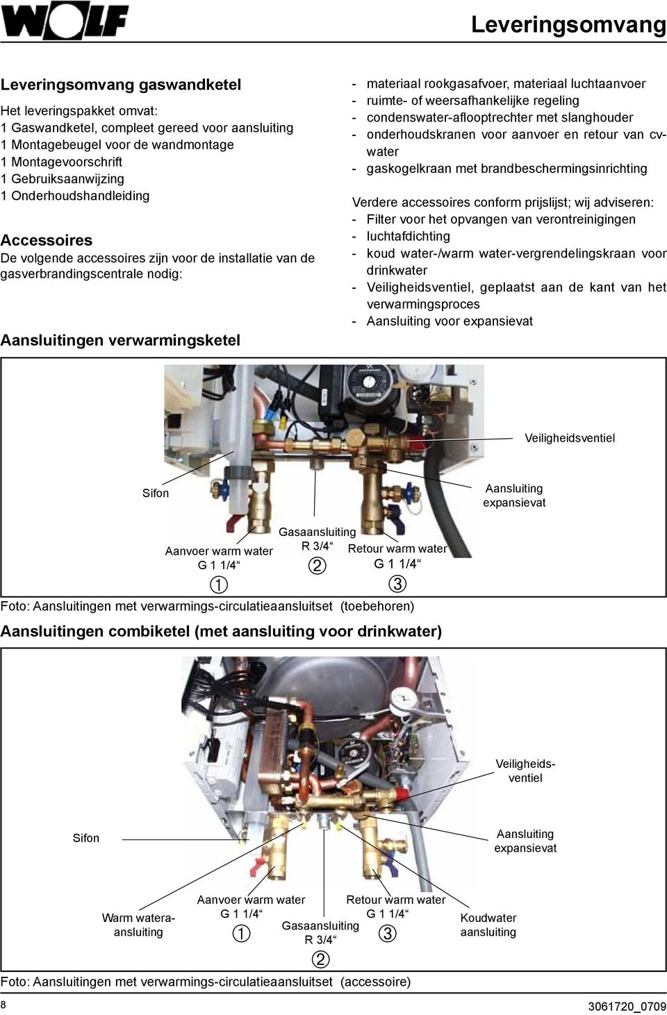 luchtaanvoer - ruimte- of weersafhankelijke regeling - condenswater-aflooptrechter met slanghouder - onderhoudskranen voor aanvoer en retour van cvwater - gaskogelkraan met