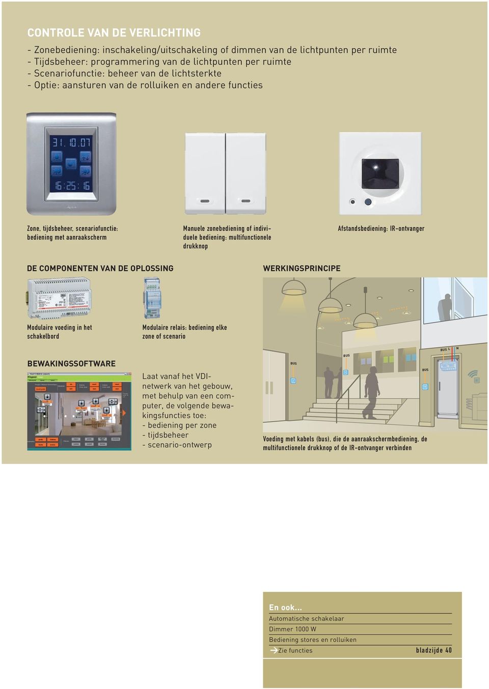 multifunctionele drukknop Afstandsbediening: IR-ontvanger De componenten van De oplossing WerKiNgspriNcipe Modulaire voeding in het schakelbord Modulaire relais: bediening elke zone of scenario