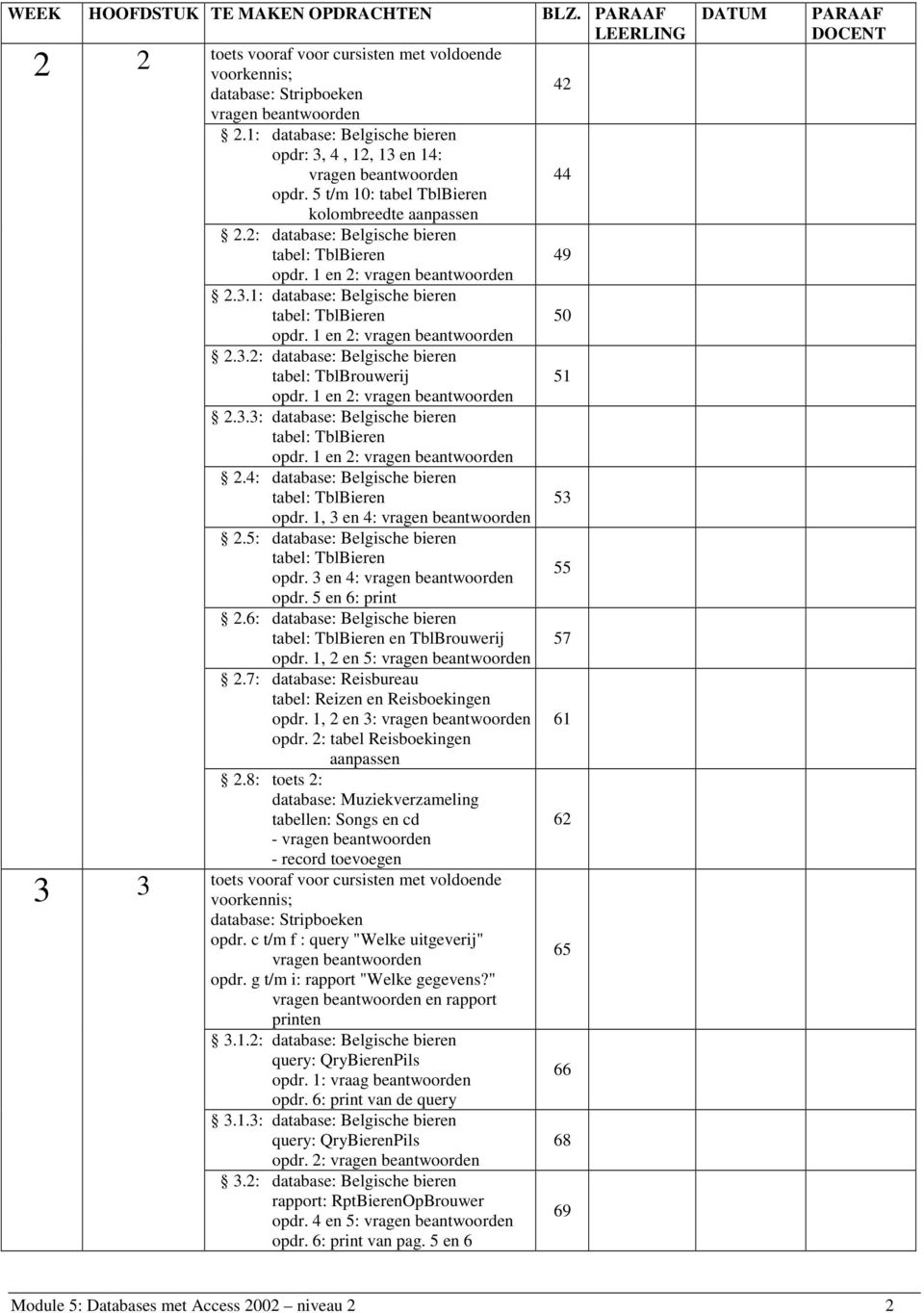 1 en 2: 2.4: database: Belgische bieren 53 opdr. 1, 3 en 4: 2.5: database: Belgische bieren 55 opdr. 3 en 4: opdr. 5 en 6: print 2.6: database: Belgische bieren en TblBrouwerij 57 opdr. 1, 2 en 5: 2.