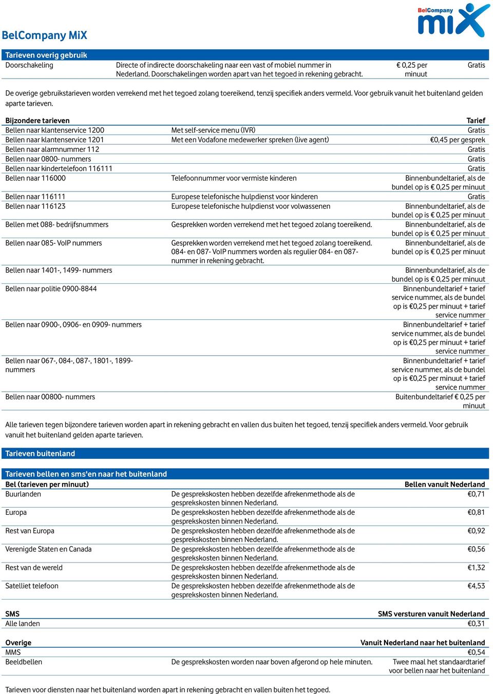 Voor gebruik vanuit het buitenland gelden aparte tarieven.