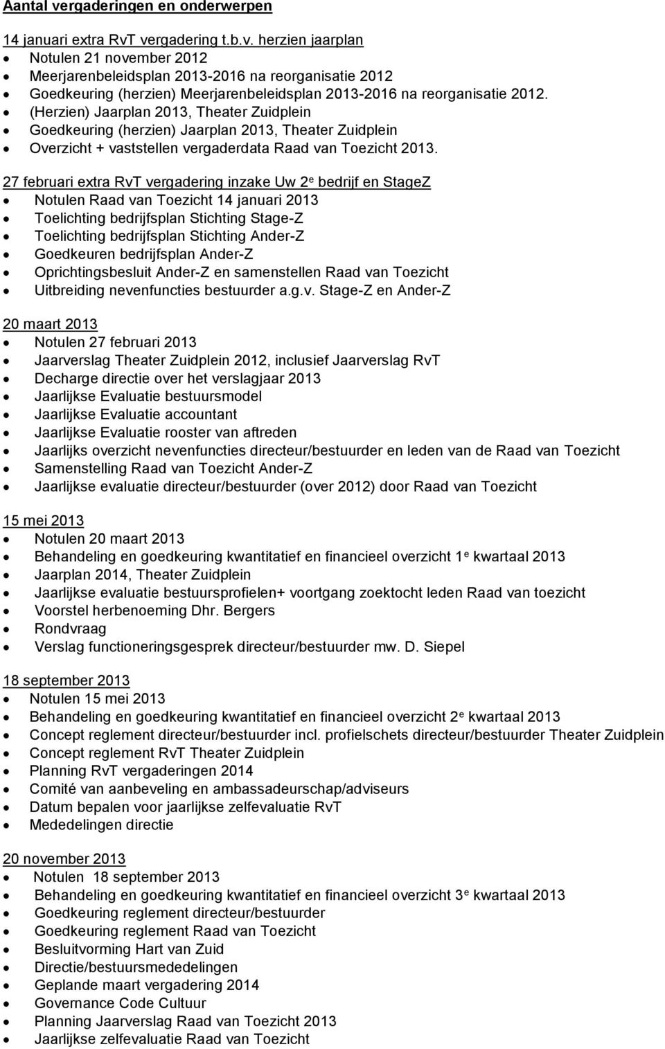 27 februari extra RvT vergadering inzake Uw 2 e bedrijf en StageZ Notulen Raad van Toezicht 14 januari 2013 Toelichting bedrijfsplan Stichting Stage-Z Toelichting bedrijfsplan Stichting Ander-Z