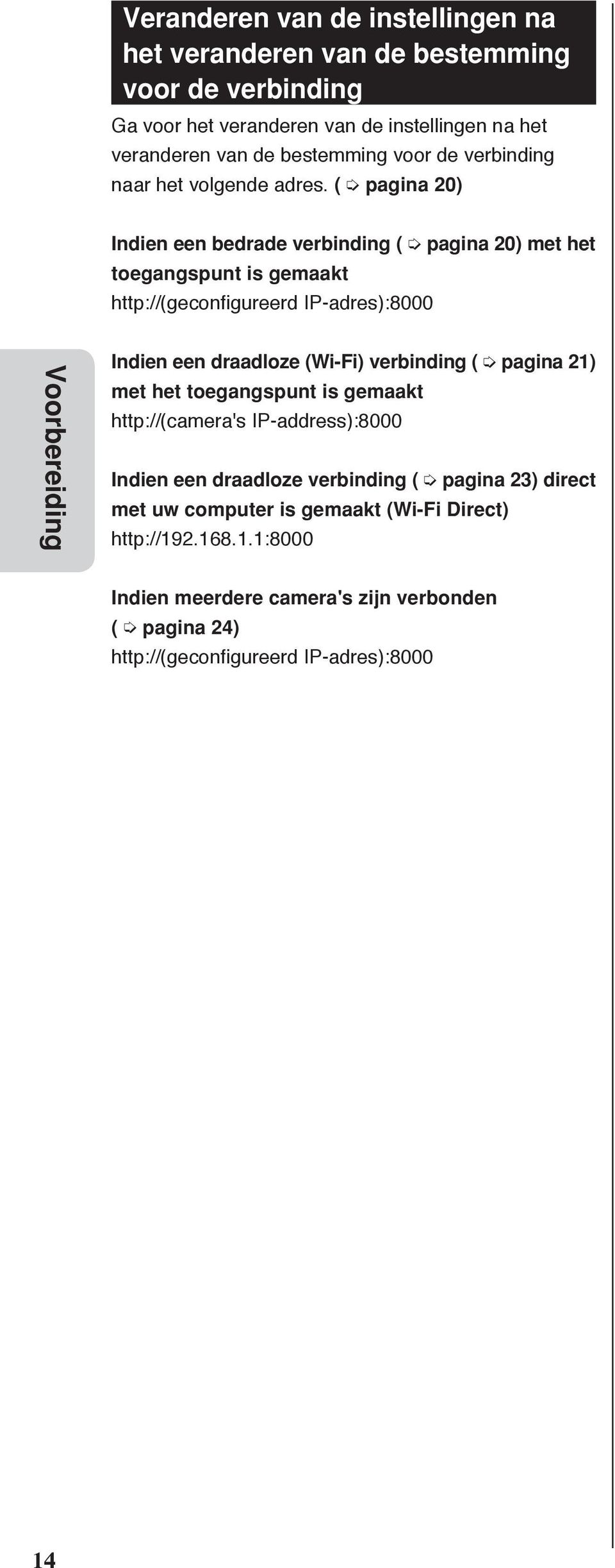 ( pagina 20) Indien een bedrade verbinding ( pagina 20) met het toegangspunt is gemaakt http://(geconfigureerd IP-adres):8000 Voorbereiding Indien een draadloze (Wi-Fi)