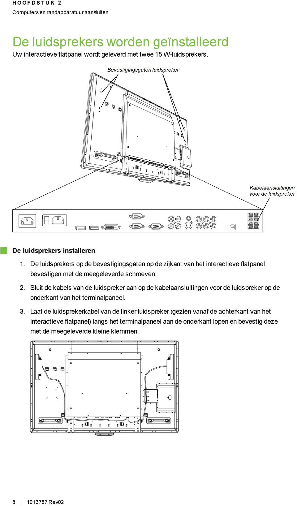 Sluit de kabels van de luidspreker aan op de kabelaansluitingen voor de luidspreker op de onderkant van het terminalpaneel. 3.