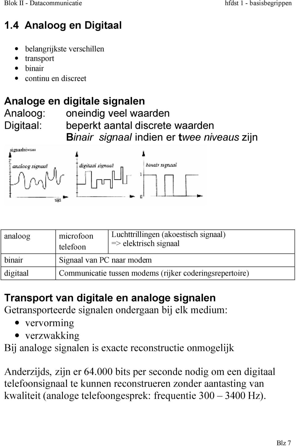 (rijker coderingsrepertoire) Transport van digitale en analoge signalen Getransporteerde signalen ondergaan bij elk medium: vervorming verzwakking Bij analoge signalen is exacte reconstructie
