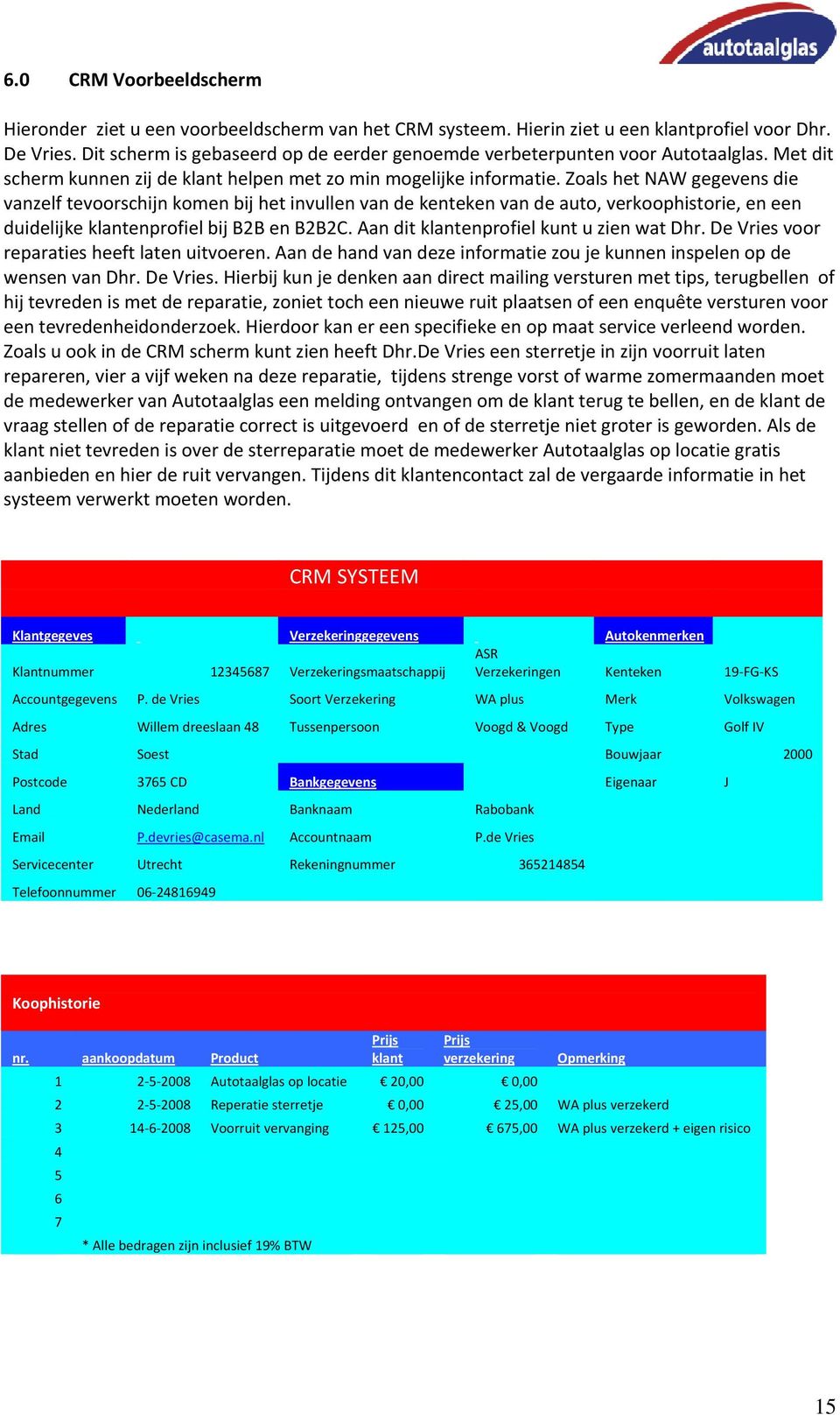 Zoals het NAW gegevens die vanzelf tevoorschijn komen bij het invullen van de kenteken van de auto, verkoophistorie, en een duidelijke klantenprofiel bij B2B en B2B2C.