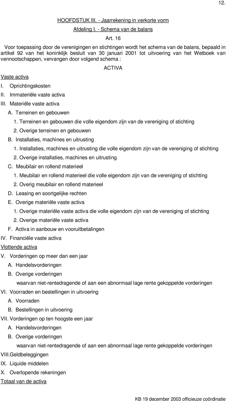 vennootschappen, vervangen door volgend schema : Vaste activa I. Oprichtingskosten II. Immateriële vaste activa III. Materiële vaste activa A. Terreinen en gebouwen ACTIVA 1.