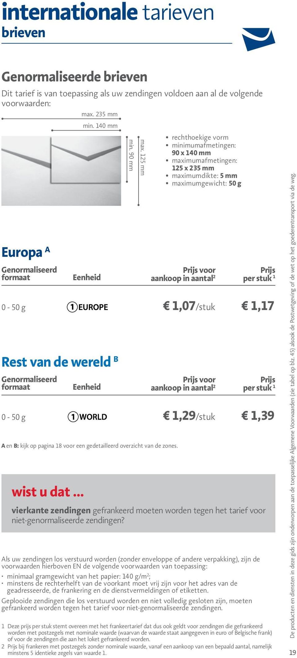 90 mm 0-50 g 1,07/stuk 1,17 Genormaliseerd formaat wist u dat... Eenheid Rest van de wereld B Eenheid vierkante zendingen gefrankeerd moeten worden tegen het tarief voor niet-genormaliseerde zendingen?