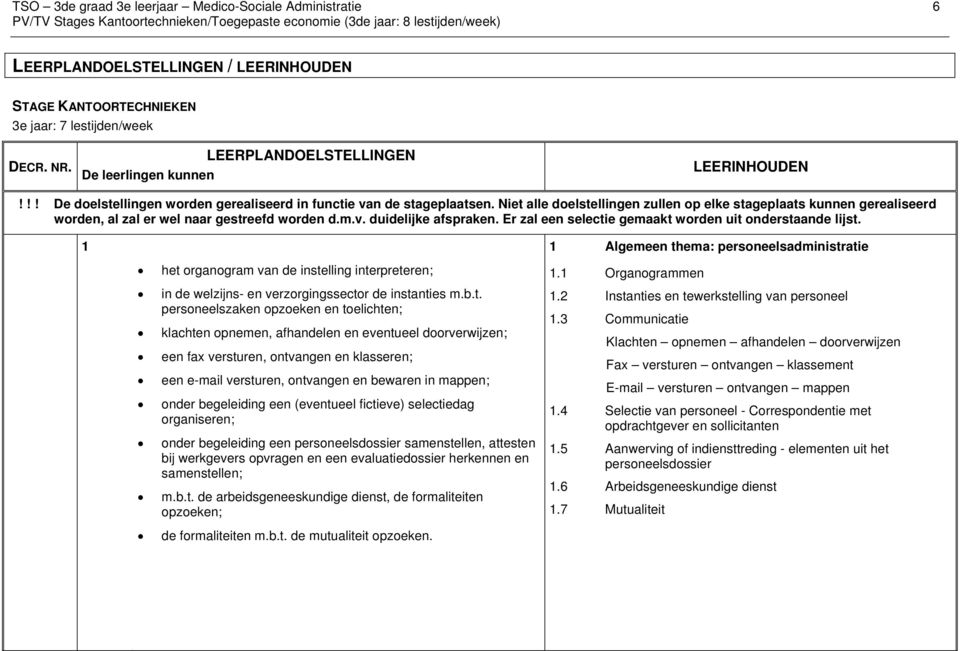 Niet alle doelstellingen zullen op elke stageplaats kunnen gerealiseerd worden, al zal er wel naar gestreefd worden d.m.v. duidelijke afspraken.