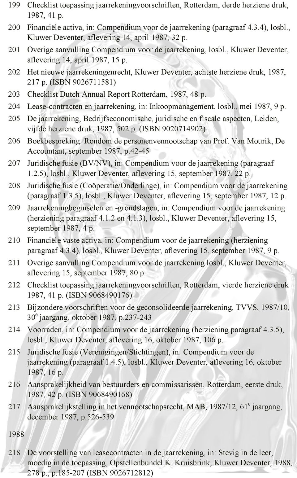 202 Het nieuwe jaarrekeningenrecht, Kluwer Deventer, achtste herziene druk, 1987, 217 p. (ISBN 9026711581) 203 Checklist Dutch Annual Report Rotterdam, 1987, 48 p.