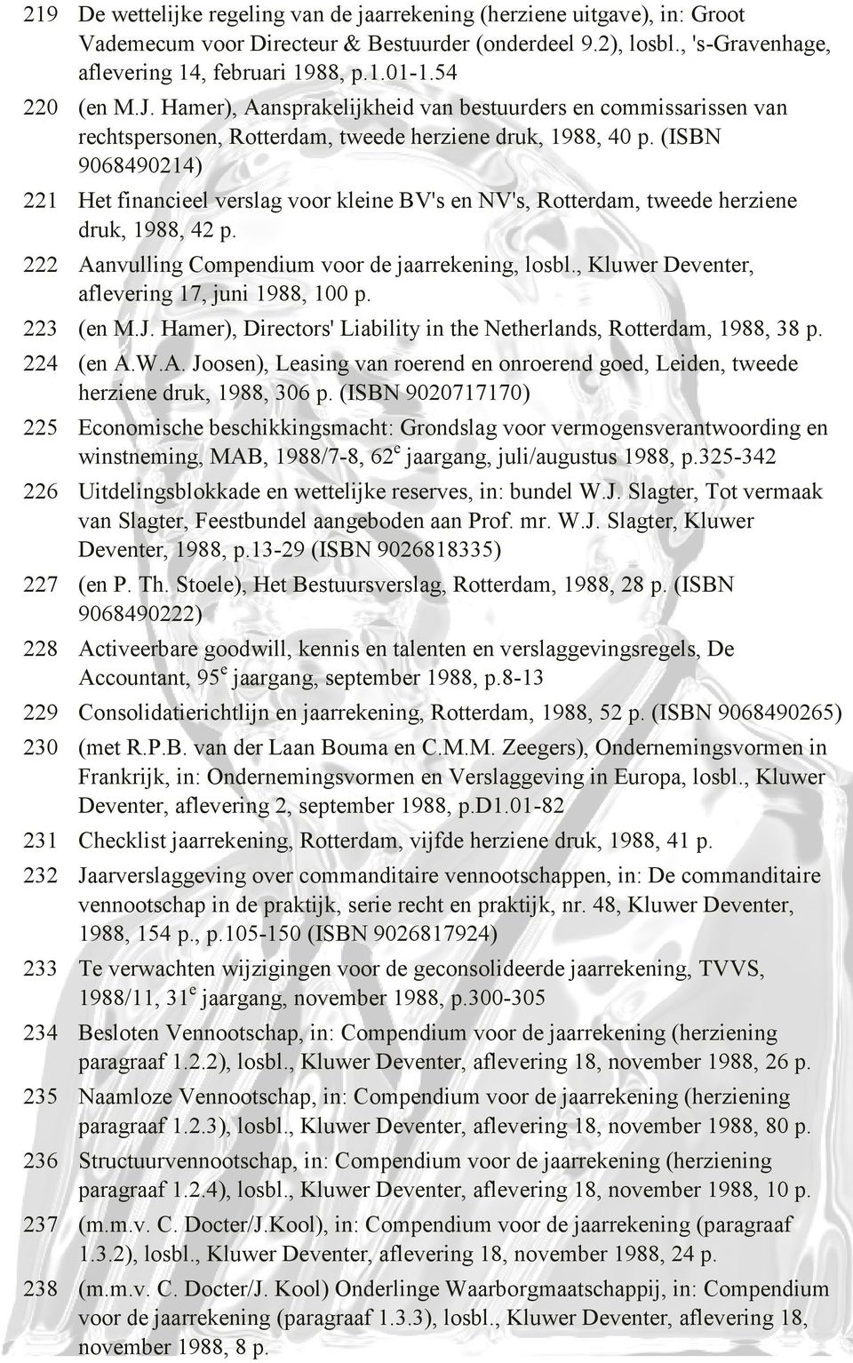 (ISBN 9068490214) 221 Het financieel verslag voor kleine BV's en NV's, Rotterdam, tweede herziene druk, 1988, 42 p. 222 Aanvulling Compendium voor de jaarrekening, losbl.