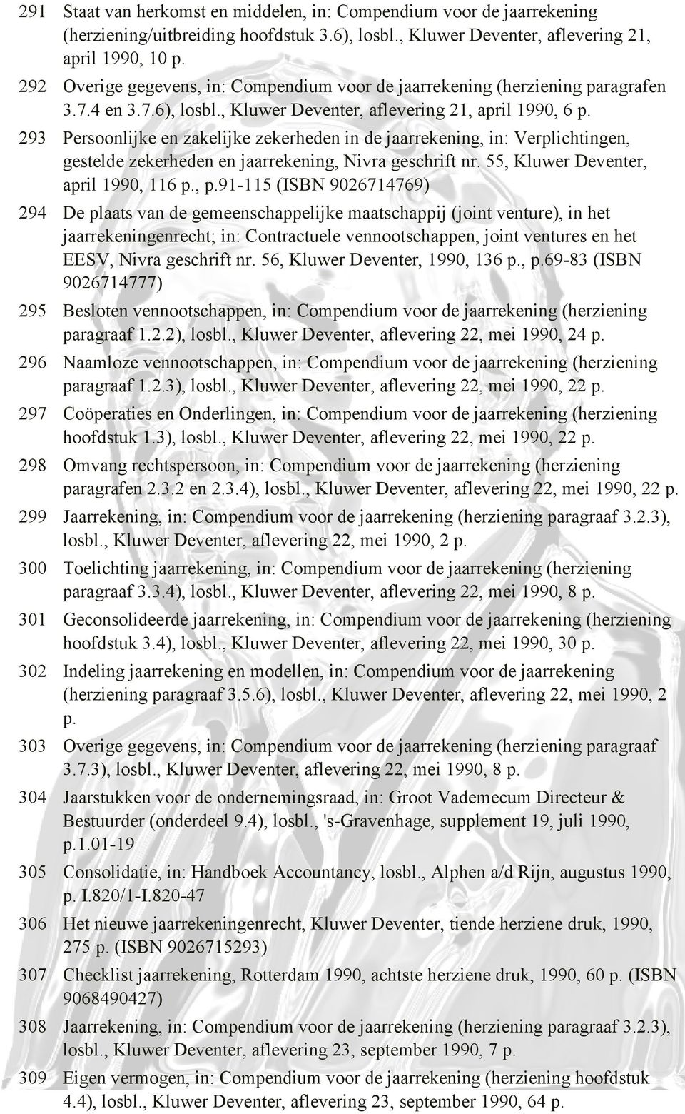 293 Persoonlijke en zakelijke zekerheden in de jaarrekening, in: Verplichtingen, gestelde zekerheden en jaarrekening, Nivra geschrift nr. 55, Kluwer Deventer, april 1990, 116 p., p.