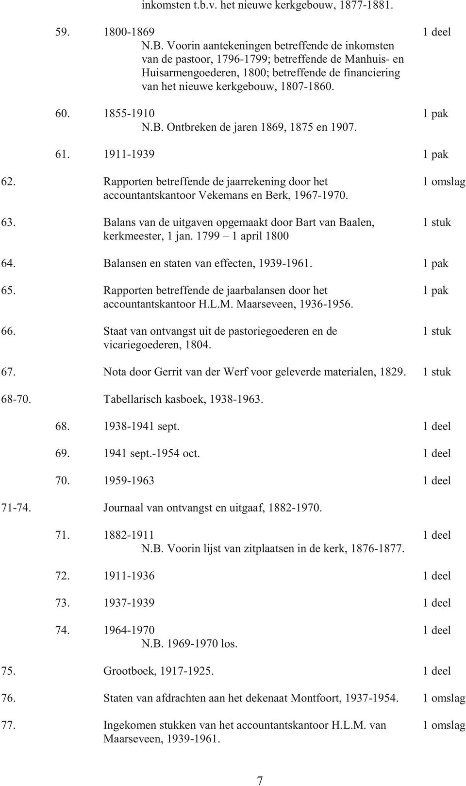 1855-1910 N.B. Ontbreken de jaren 1869, 1875 en 1907. 61. 1911-1939 62. Rapporten betreffende de jaarrekening door het accountantskantoor Vekemans en Berk, 1967-1970. 63.