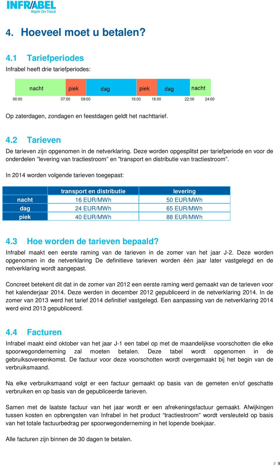 In 2014 worden volgende tarieven toegepast: transport en distributie levering nacht 16 EUR/MWh 50 EUR/MWh dag 24 EUR/MWh 65 EUR/MWh piek 40 EUR/MWh 88 EUR/MWh 4.3 Hoe worden de tarieven bepaald?