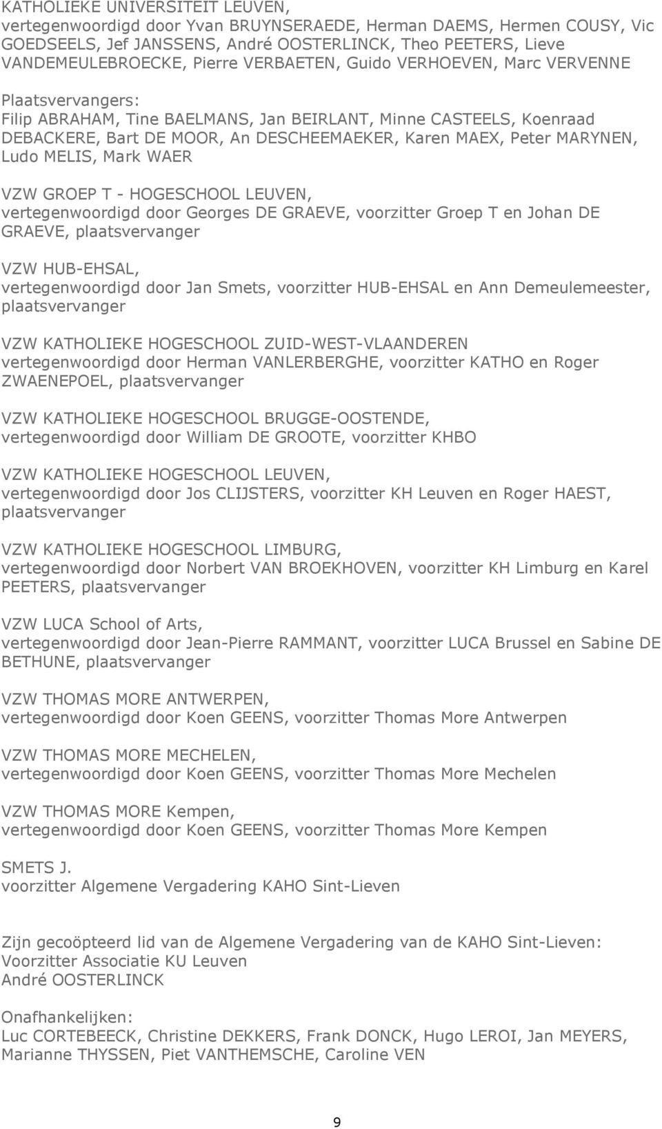 Ludo MELIS, Mark WAER VZW GROEP T - HOGESCHOOL LEUVEN, vertegenwoordigd door Georges DE GRAEVE, voorzitter Groep T en Johan DE GRAEVE, plaatsvervanger VZW HUB-EHSAL, vertegenwoordigd door Jan Smets,