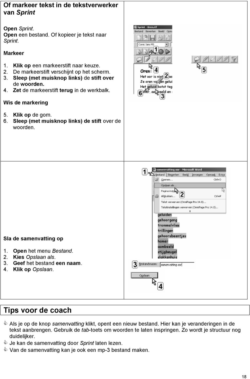 Sleep (met muisknop links) de stift over de woorden. Sla de samenvatting op 1. Open het menu Bestand. 2. Kies Opslaan als. 3. Geef het bestand een naam. 4. Klik op Opslaan.