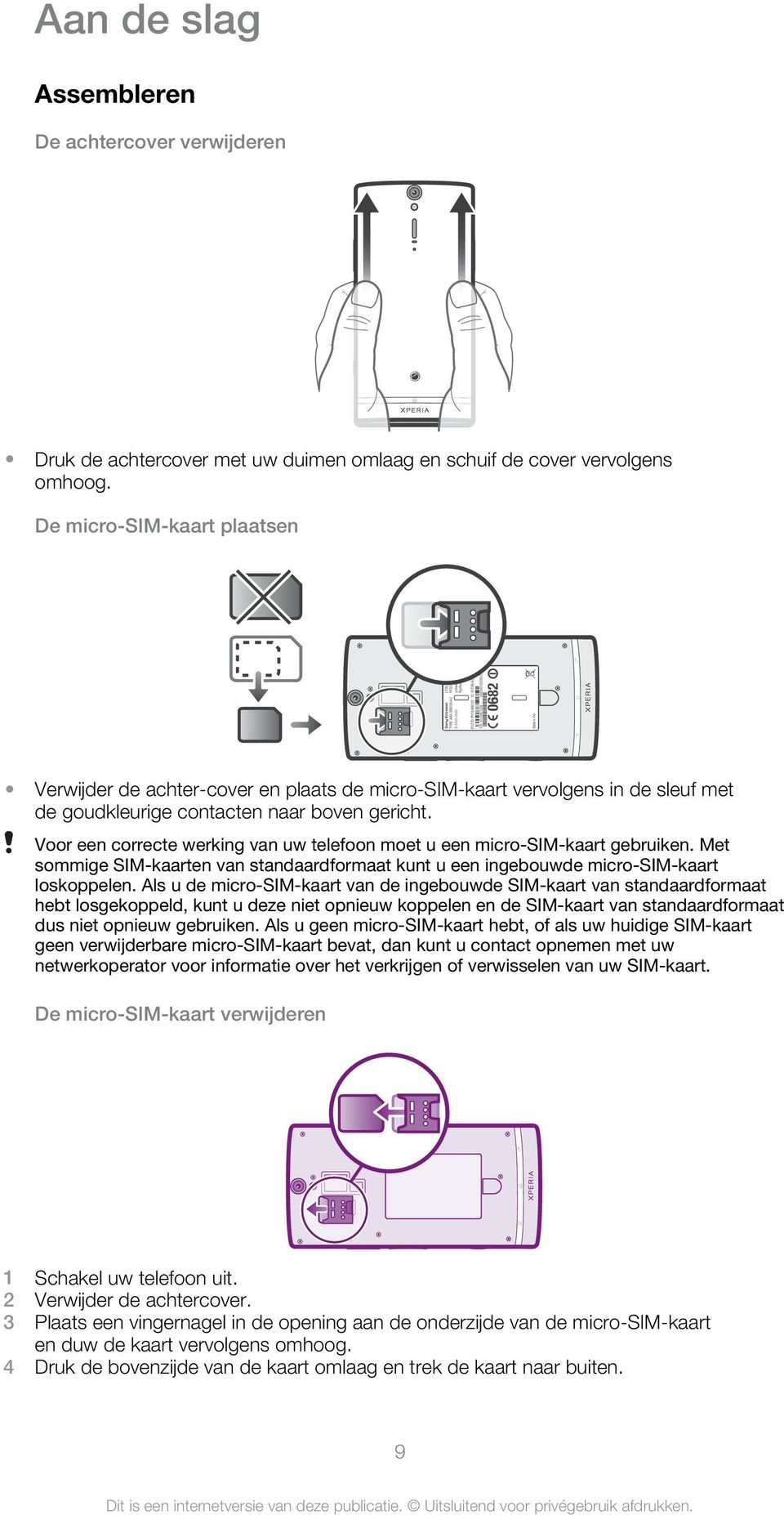 Voor een correcte werking van uw telefoon moet u een micro-sim-kaart gebruiken. Met sommige SIM-kaarten van standaardformaat kunt u een ingebouwde micro-sim-kaart loskoppelen.