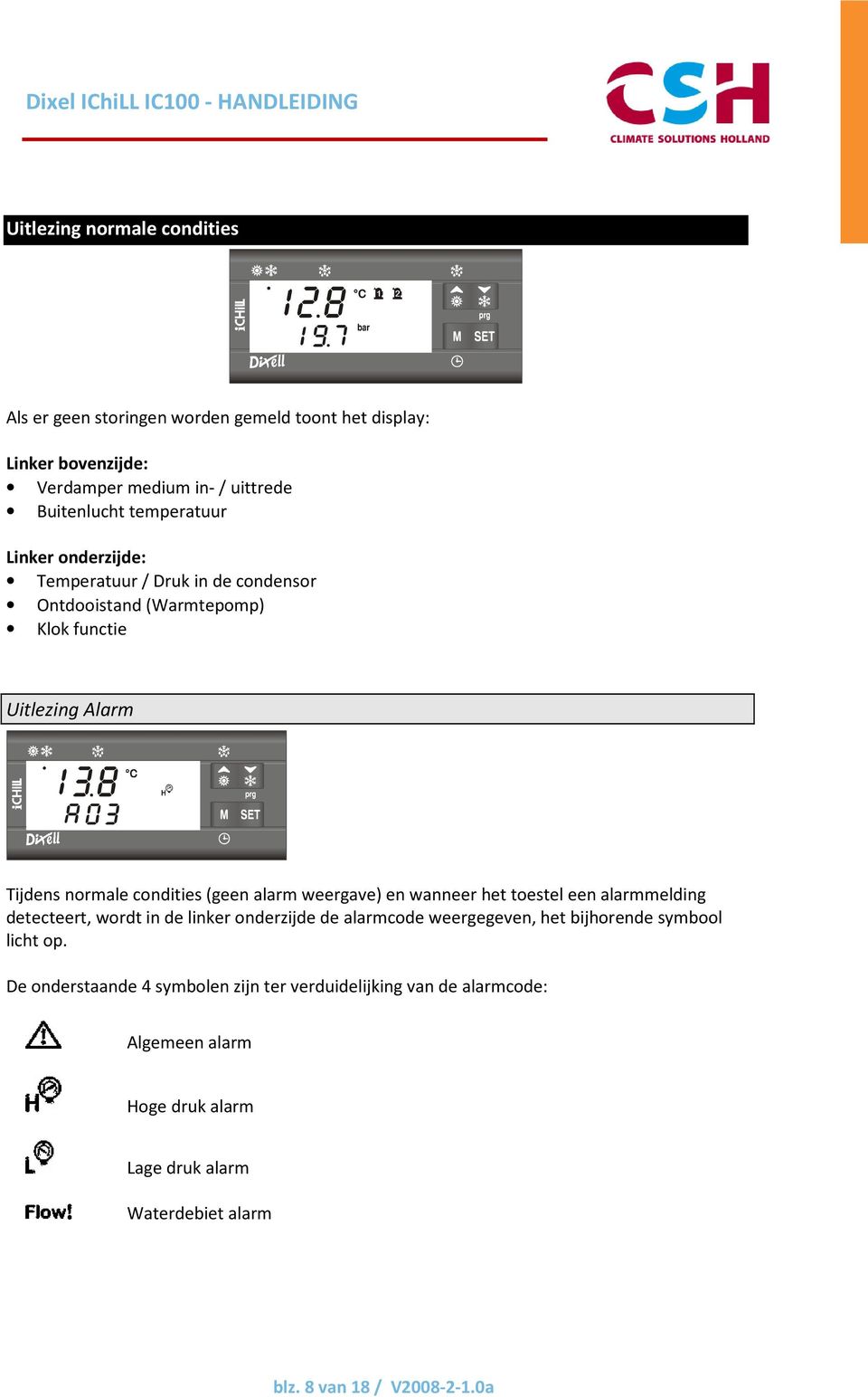 alarm weergave) en wanneer het toestel een alarmmelding detecteert, wordt in de linker onderzijde de alarmcode weergegeven, het bijhorende symbool licht.