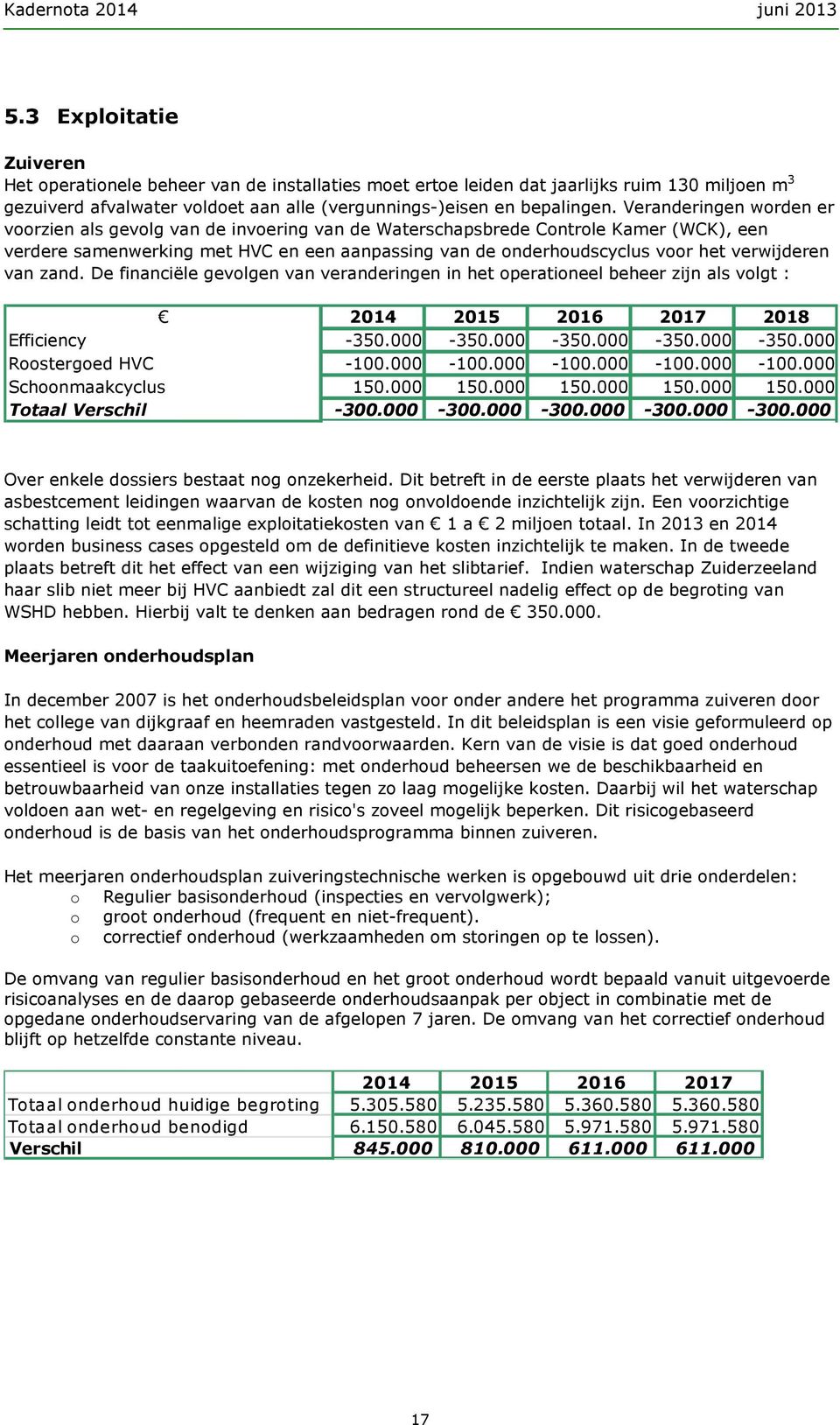 Veranderingen worden er voorzien als gevolg van de invoering van de Waterschapsbrede Controle Kamer (WCK), een verdere samenwerking met HVC en een aanpassing van de onderhoudscyclus voor het