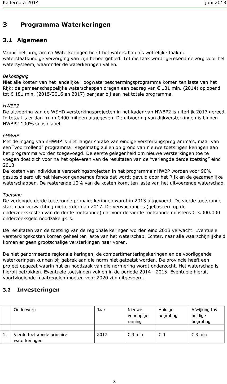 Bekostiging Niet alle kosten van het landelijke Hoogwaterbeschermingsprogramma komen ten laste van het Rijk; de gemeenschappelijke waterschappen dragen een bedrag van 131 mln.