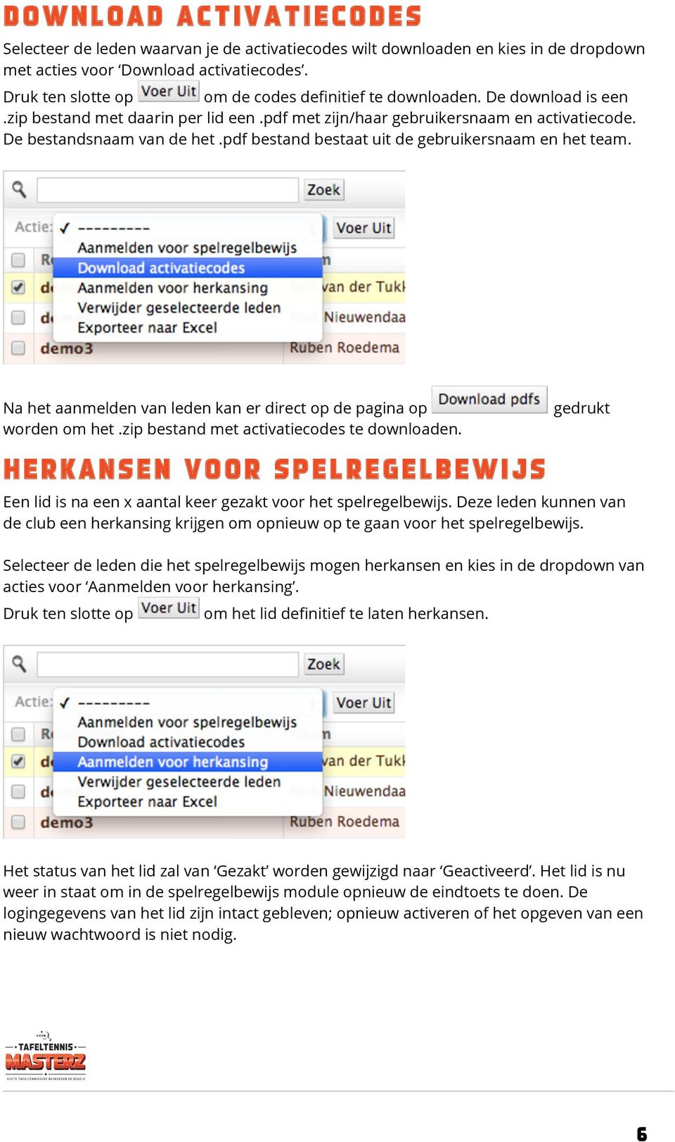 pdf bestand bestaat uit de gebruikersnaam en het team. Na het aanmelden van leden kan er direct op de pagina op worden om het.zip bestand met activatiecodes te downloaden.