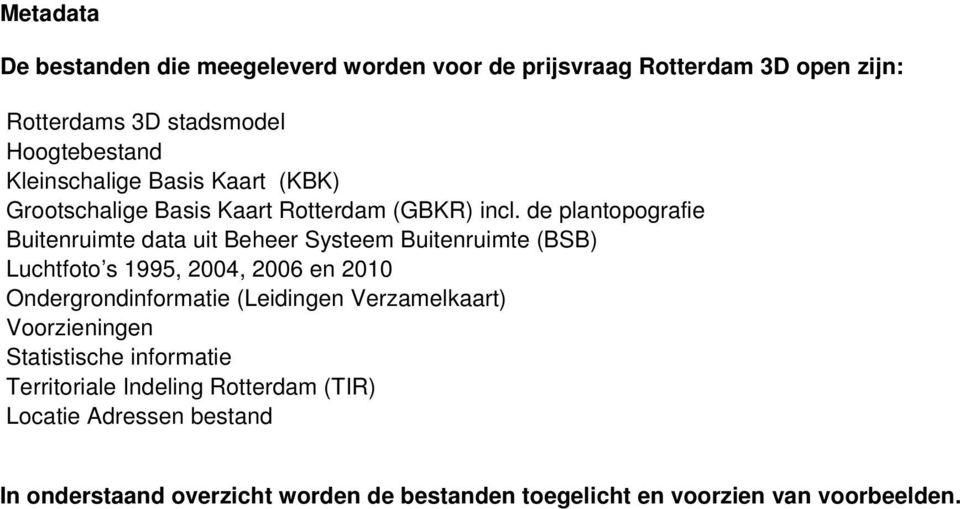 de plantopografie Buitenruimte data uit Beheer Systeem Buitenruimte (BSB) Luchtfoto s 1995, 2004, 2006 en 2010 Ondergrondinformatie