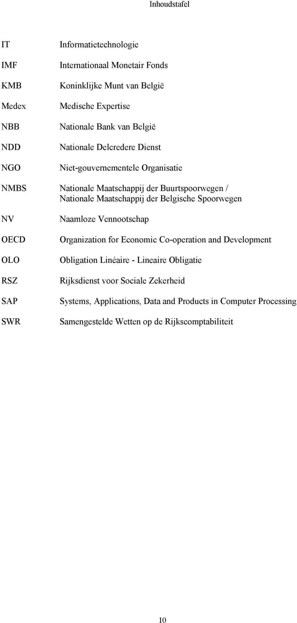 Belgische Spoorwegen NV OECD OLO RSZ SAP SWR Naamloze Vennootschap Organization for Economic Co-operation and Development Obligation Linéaire - Lineaire