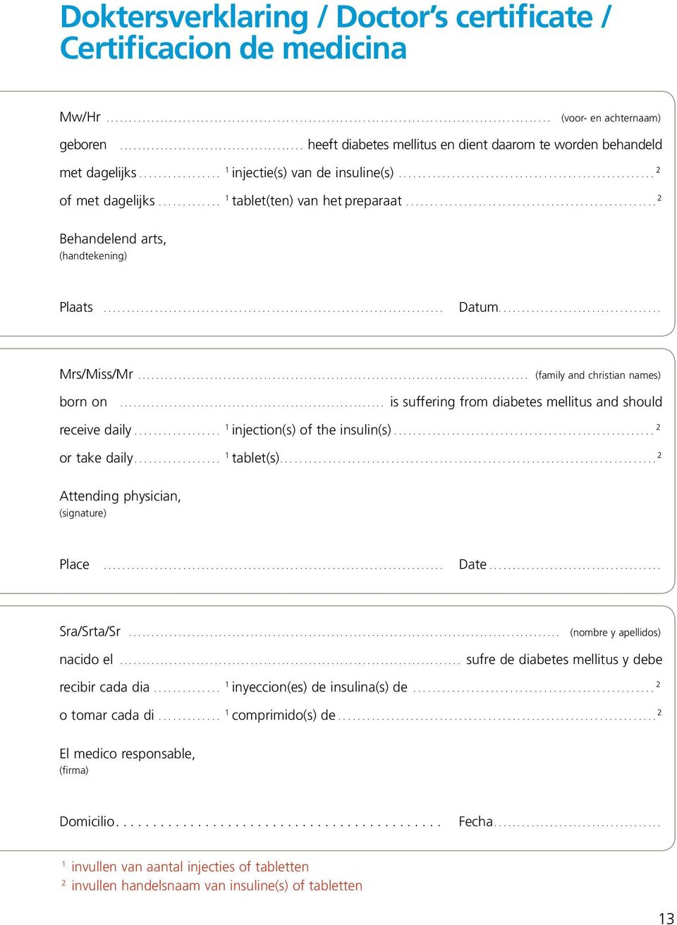 .. Mrs/Miss/Mr... (family and christian names) born on... is suffering from diabetes mellitus and should receive daily... 1 injection(s) of the insulin(s)... 2 or take daily... 1 tablet(s).