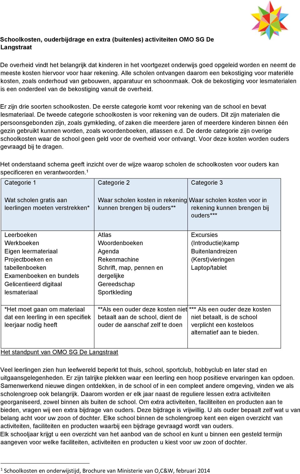 Ook de bekostiging voor lesmaterialen is een onderdeel van de bekostiging vanuit de overheid. Er zijn drie soorten schoolkosten.