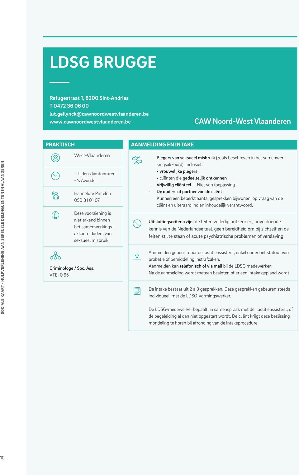 be CAW Noord-West Vlaanderen SOCIALE KAART - HULPVERLENING AAN SEKSUELE DELINQUENTEN IN VLAANDEREN PRAKTISCH West-Vlaanderen - Tijdens kantooruren - s Avonds Hannelore Pintelon 050 31 01 07 Deze