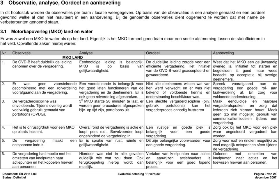 Bij de genoemde observaties dient opgemerkt te worden dat met name de verbeterpunten genoemd staan. 3.1 Motorkapoverleg (MKO) land en water Er was zowel een MKO te water als op het land.