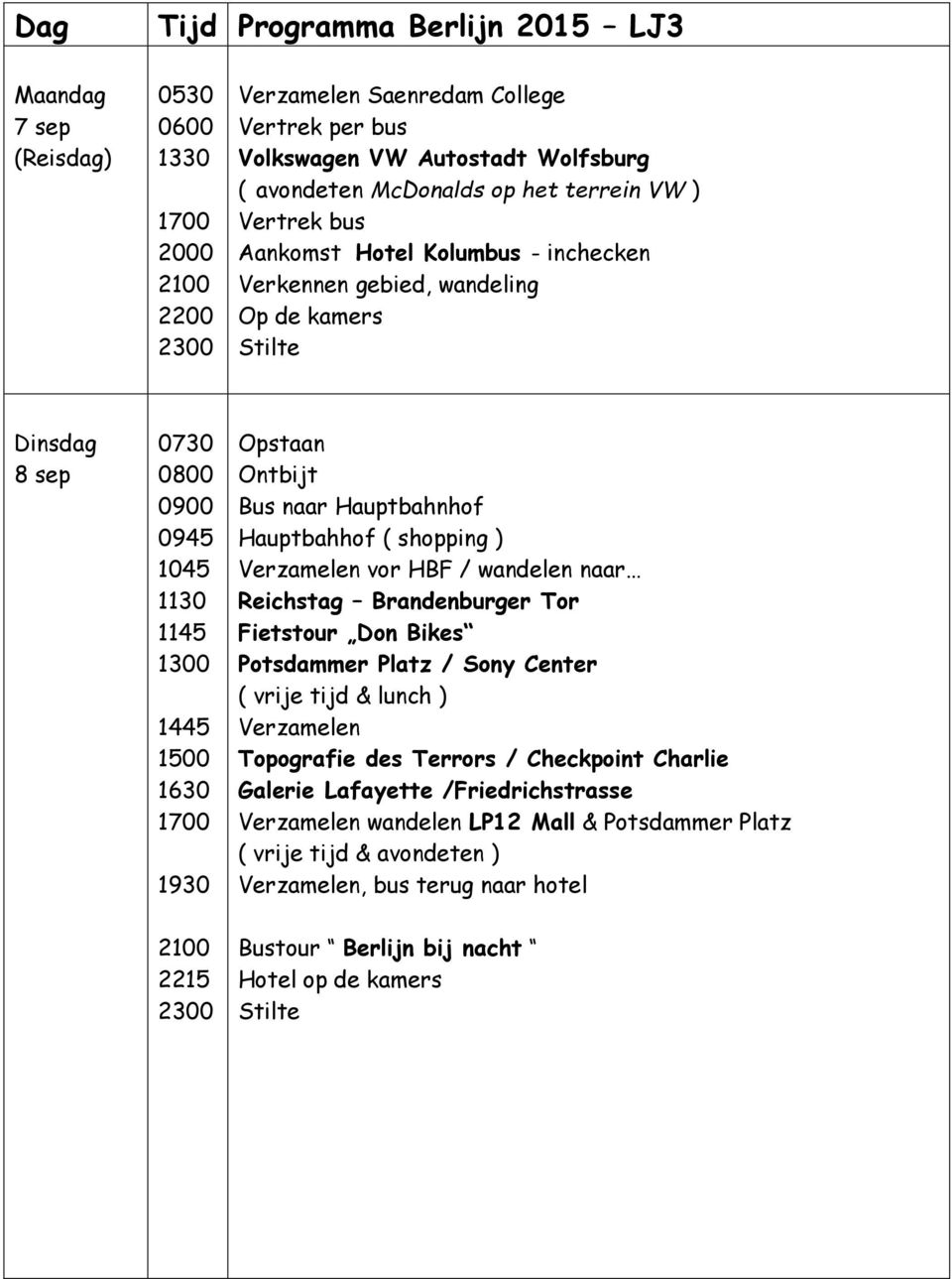 1130 1145 1300 1445 1500 1630 1700 1930 Opstaan Ontbijt Bus naar Hauptbahnhof Hauptbahhof ( shopping ) Verzamelen vor HBF / wandelen naar Reichstag Brandenburger Tor Fietstour Don Bikes Potsdammer