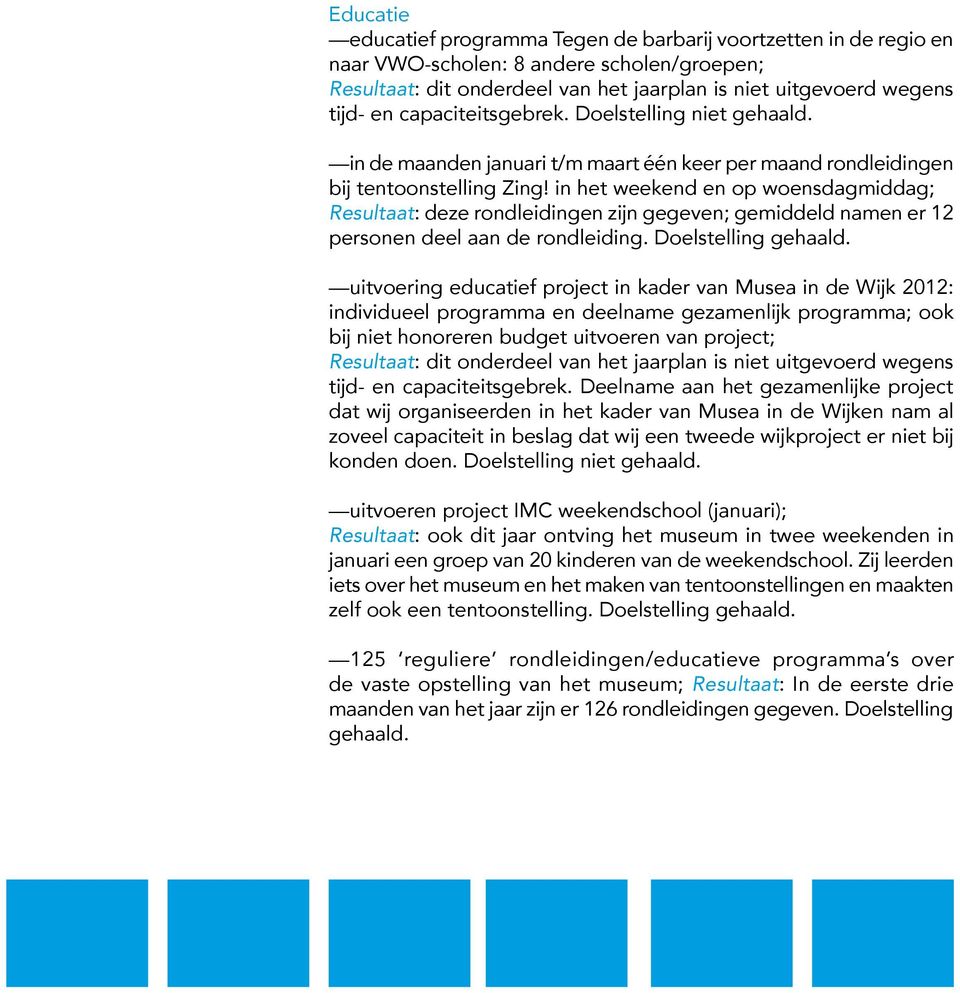 in het weekend en op woensdagmiddag; Resultaat: deze rondleidingen zijn gegeven; gemiddeld namen er 12 personen deel aan de rondleiding. Doelstelling gehaald.